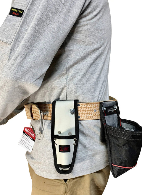 Man wearing 2 inch wide heavy duty leather scaffold tool belt with pronged roller buckle, fits 44 to 54 inch waist, durable beige.