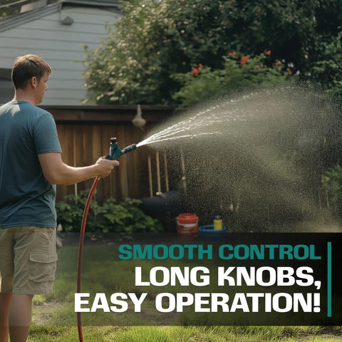 Heavy Duty 45 Degree Metal Hose Elbow With Shut Off Valve 2 Way Hose Adapter And Angle Connector For Garden RV And Tight Spaces Leakproof Fit With No Kink Performance, man watering lawn