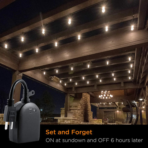 Single Plug In Outdoor Timer With Built In Light Sensor To Auto Trigger At Sunset And Switch Off After Six Hours For Weather Resistant Landscape Fixtures And Seasonal Decor That Guarantees Zero Headaches, plugged into outdoor socket with lights above.