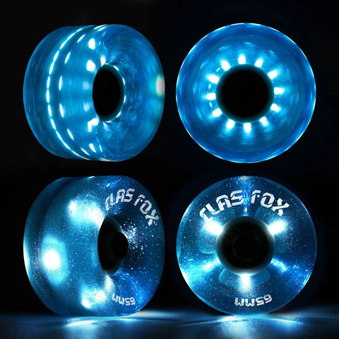 Lit Up Roller Skate Wheels With Bright Dots And ABEC 9 Bearings Installed 65mm By 35mm 82A Eight Pack For Outdoor Or Indoor Double Row Skating Blue Durable PU Wheels