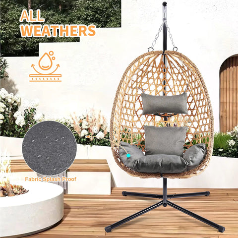 Hanging Egg Chair With Stand For Patio And Garden Wicker Swing Hammock Style With 350 Lbs Capacity in Yellow Gray, outdoor setting