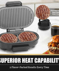 FineMade Double Mini Grill Maker with two grilled burger patties, compact electric panini griddle for quick meals.