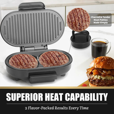 FineMade Double Mini Grill Maker with two grilled burger patties, compact electric panini griddle for quick meals.