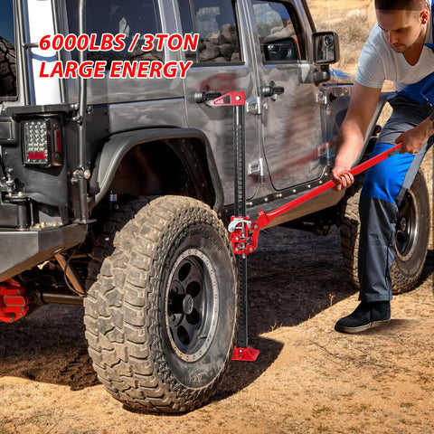 Person using High Lift Recovery Jack 33 Inch 3.5 Ton Heavy Duty Off Road Farm Lifting Equipment on SUV tire in off-road setting.
