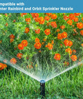 24 Piece Variable Arc Nozzles Replacement Pop Up Sprinkler Heads Compatible With Standard Lawn Irrigation Systems High Efficiency Adjustable Drip Free Spray Pattern watering flower bed with marigolds