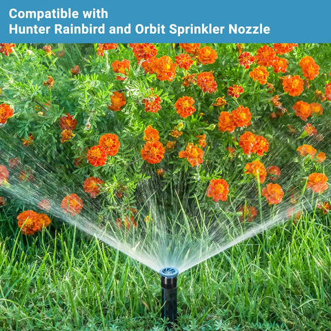 24 Piece Variable Arc Nozzles Replacement Pop Up Sprinkler Heads Compatible With Standard Lawn Irrigation Systems High Efficiency Adjustable Drip Free Spray Pattern watering flower bed with marigolds
