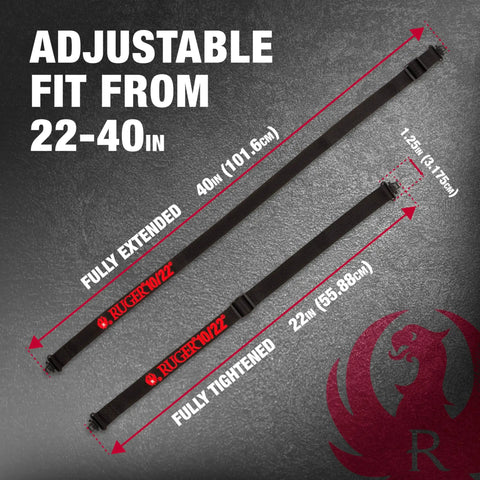 Built Tough Heavy Duty Two Point Tactical Rifle Sling With Quick Detach Swivels Rated For Five Hundred Pounds Up To Forty Inch Adjustable Field Ready Gun Carry Strap showing adjustable fit from 22 to 40 inches.