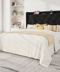 Straight Up Comfortable Full Bed Frame With Built In Charging Station And Storage Shelf Sleek Black Velvet Wingback Headboard with pillows