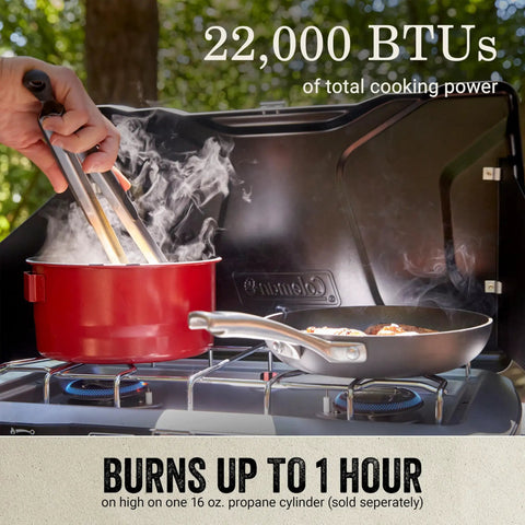 Cooking on Two-Burner Propane Camp Stove With InstaStart Ignition And Wind Guards, Portable Cooktop With Adjustable Burners, 22,000 BTUs