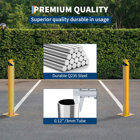 Tough As Nails Yellow Steel Safety Bollards, Anchored 36 Inch Parking Posts For Heavy Traffic Lots, showcasing durable Q235 steel material.