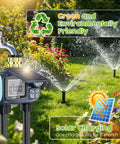 Solar Powered Sprinkler Timer With Brass Inlet Dual Outlet Garden Hose Controller in garden scene with sprinklers