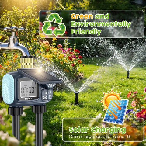 Solar Powered Sprinkler Timer With Brass Inlet Dual Outlet Garden Hose Controller in garden scene with sprinklers