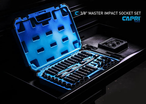 Three Eighths Inch Drive Master Impact Socket Set With Adapters And Extensions In Premium Chrome Molybdenum Steel 48 Piece Kit open case