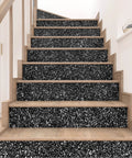 Black Glitter Wallpaper Roll 17.7 Inch by 354 Inch Self Adhesive Removable Sparkle Sequin Wall Cover on wooden stair risers.