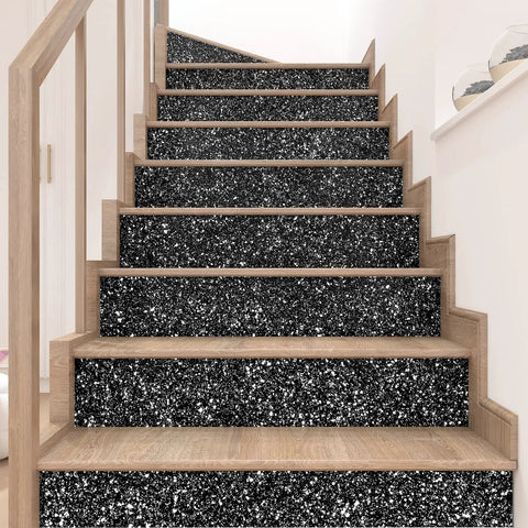 Black Glitter Wallpaper Roll 17.7 Inch by 354 Inch Self Adhesive Removable Sparkle Sequin Wall Cover on wooden stair risers.