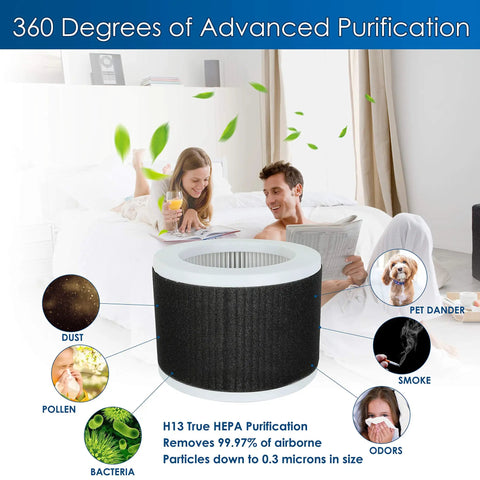 EPI810 Replacement Filter For KOIOS And MOOKA Air Purifiers Three Stage H13 Filtration Two Pack showing filtration efficiency
