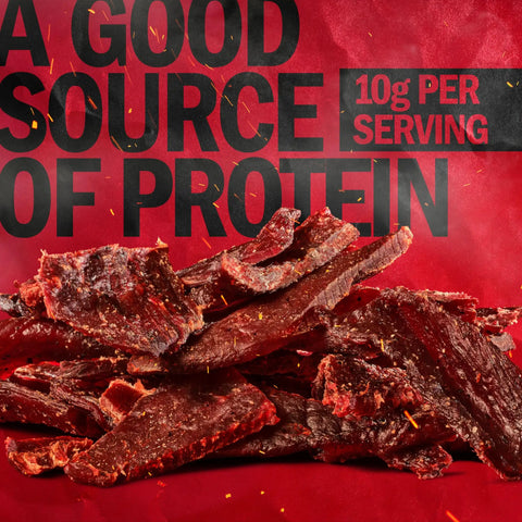 Original Beef Jerky Half Pounder Made With 100 Percent Real Beef Ready To Eat Protein Snack With 10g Per Serving In An 8 Oz Large Bag For Lunches And Outdoor Adventures shown with beef jerky pieces and 10g protein label