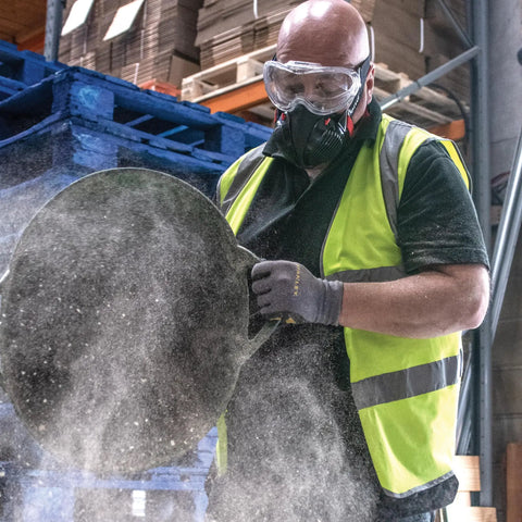 Worker wearing Dust Mask With Replaceable Twin HEPA Filters For Woodworking And Construction, Half Face Pro Grade Mask, Medium Large