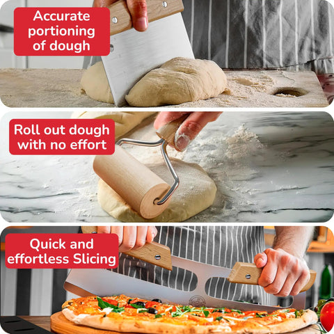 Pro Grade Home Pizza Oven Accessories Kit 6 Piece Set with peel, dough roller, rocker cutter in use