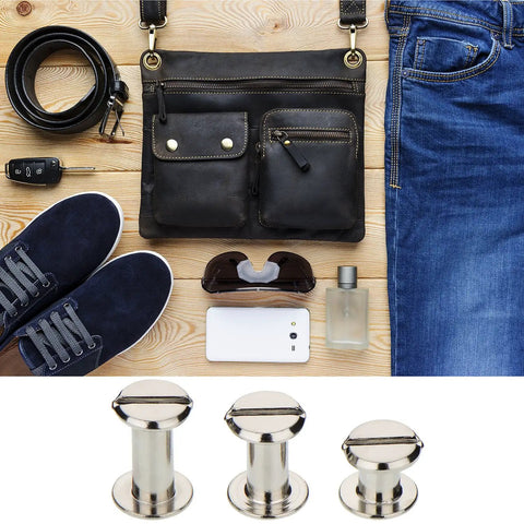 Complete 75 Piece Chicago Screw Post Leather Binding Kit with 1/4 3/8 And 1/2 Inch Posts and Rivet Buttons displayed with leather goods.