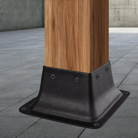 Close-up of Beefy 4x4 Post Bases with Brackets Anchoring a 3.5x3.5 Wood Post, powder coated steel, for decks and porches.