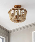 14 Inch Antique Gold And Light Taupe Wood Beaded LED Semi Flush Mount Ceiling Light With Cream Wood Bead Shade Boho Farmhouse Vibe