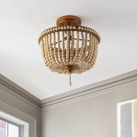 14 Inch Antique Gold And Light Taupe Wood Beaded LED Semi Flush Mount Ceiling Light With Cream Wood Bead Shade Boho Farmhouse Vibe