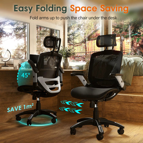 Ergonomic Office Chair With High Back And Headrest, Flip Up Armrests, 90 To 120 Degree Tilt Lock, Wide Cushioned Seat displayed indoors