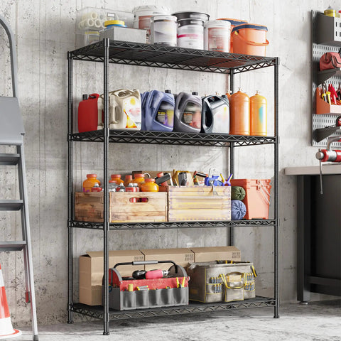 Beefy Heavy Duty 4 Tier Storage Rack With Adjustable Shelves In Black Strong Steel Garage Shelving Unit Holds Up To 620 Lbs Total, filled with cans and tools