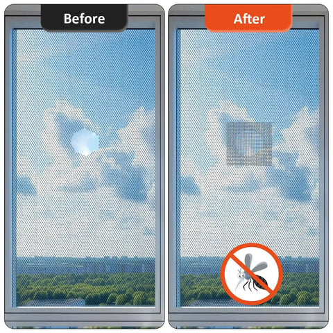 Before and after of window screen showing repair with Gray Screen Repair Tape 2 Inch By 15 Foot Heavy Duty Fiberglass Patch For Window And Door Screens Quick Easy Tear Repair Kit With Ultra Strong Adhesive No Tools Needed For A Quick Easy Patch Up.