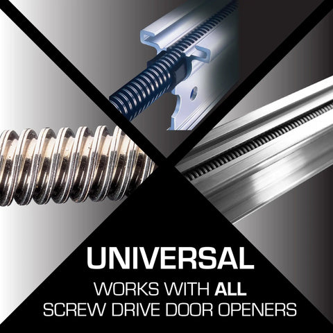 Screw Drive Lube For No Fuss Quiet, Smooth Garage Door Opener Action 0.25 Oz Each 3 Pack High Quality Lubricant For Screw Drive Rails designed to cut noise, featuring four rail sections with universal compatibility text.