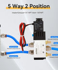 DC12V Pneumatic Solenoid Valve 4V210-08 connected with labeled ports and wires, illustrating two position five way air flow control