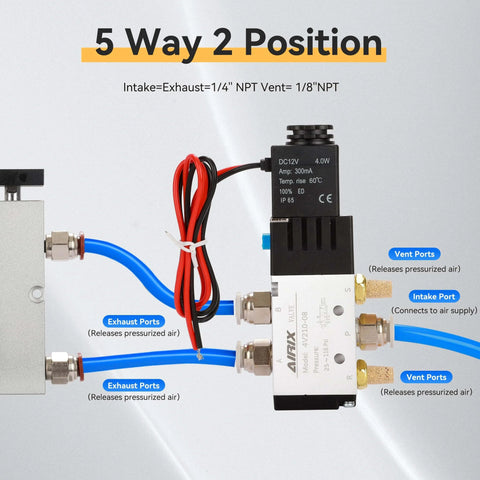 DC12V Pneumatic Solenoid Valve 4V210-08 connected with labeled ports and wires, illustrating two position five way air flow control
