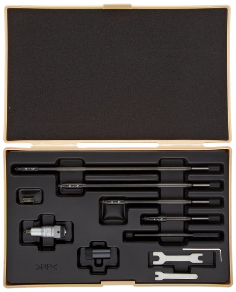 Inside Micrometer With 0.001 Inch Resolution For Precise Bore Measurements, 1 To 1.25 Inch Range, Interchangeable Rods For Flexible Range, Pro Grade Precision Tool For Machinists And DIY Pros. open case with micrometer rods