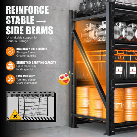 Heavy Duty 68.3 Inch Wide Garage Shelving Rack For Shop Storage, 72 Inch High, 23.4 Inch Deep Shelves To Fit Large Totes And Pallets, Space Saving Industrial Steel Shelves For Tools, Boxes, And Bins with side beam brace