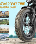 Fat tire of Beast Mode Electric Fat Tire Mountain Bike With Full Suspension, 1500W Peak Motor, on various terrain types