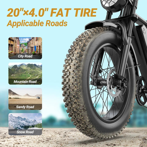 Fat tire of Beast Mode Electric Fat Tire Mountain Bike With Full Suspension, 1500W Peak Motor, on various terrain types
