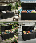 Collage of Beefy 258 Gallon Resin Deck Box with Lockable Patio Storage in outdoor and garage settings, showing use for cushions, pool supplies, garden tools, and garage organization.