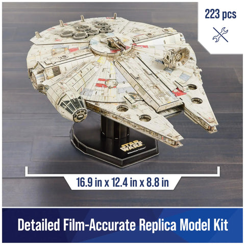 Millennium Falcon 3D Model Kit For Star Wars Fans And Collectors shown assembled on stand, 223 pieces, 16.9 x 12.4 inches