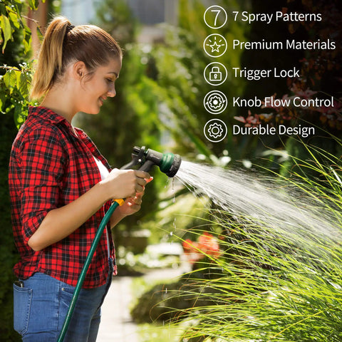 Woman using Durable ABS Garden Hose Nozzle With Seven Adjustable Sprays for plant watering in a garden, showcasing spray pattern.