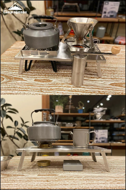 Solo Camping Table In Stainless Steel With Windshield And Heat Shield Portable Tabletop Stove Stand With Storage Bag For Alcohol Stoves Like Trangia Esbit ST 310 ST 340 For Outdoor Trips, holding kettle and mug indoors.