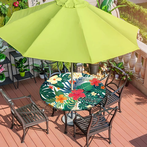 Palm Leaves Round Outdoor Tablecloth With Umbrella Hole And Zipper Elastic Edges Waterproof Fitted Table Cover For Patio Picnic Or Party Fits 40 To 44 Inch Diameter Round Tables on a patio table