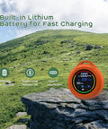 5 In 1 Rechargeable Oxygen Monitor With CO And O2 Readouts, shown on a rock with green hills, color backlight display visible
