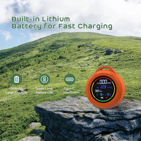 5 In 1 Rechargeable Oxygen Monitor With CO And O2 Readouts, shown on a rock with green hills, color backlight display visible