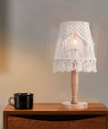 Boho Cotton Rope Bedside Lamp With Handmade Bohemian Shade, Wooden Base Nightstand Light on table with mug.