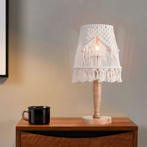 Boho Cotton Rope Bedside Lamp With Handmade Bohemian Shade, Wooden Base Nightstand Light on table with mug.