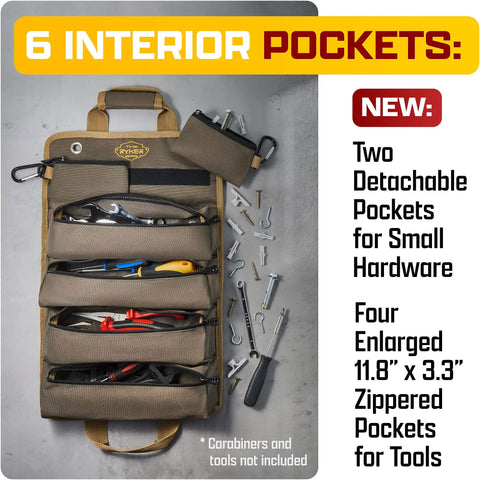 Roll Up Tool Bag Organizer For Dad Heavy Duty Motorcycle Tool Roll Bag With Detachable Pouches Portable Rollup Toolbag showing pockets