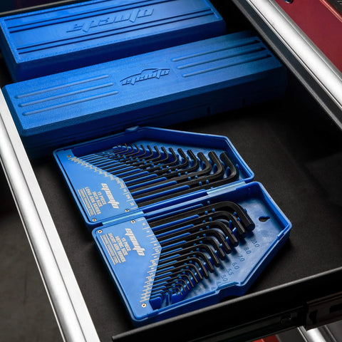 30-Piece Hex Key Set With Long Arm SAE And Short Arm Metric Allen Wrenches, Durable Storage Case, open in tool drawer