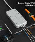 Ultra Slim Flat Power Strip Surge Protector With Eight Wide Spaced Outlets And Three Usb Ports Featuring Six Foot Cable, showing ports and cables.