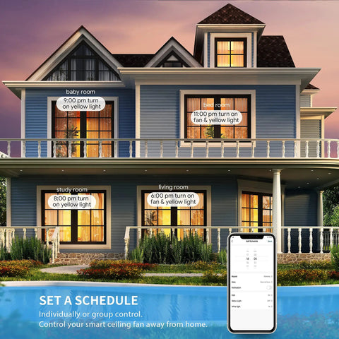 Two-story house with schedule settings for 52 Inch Dope Smart Ceiling Fan With Dimmable LED Lights And 10 Speed DC Motor shown on a phone screen.